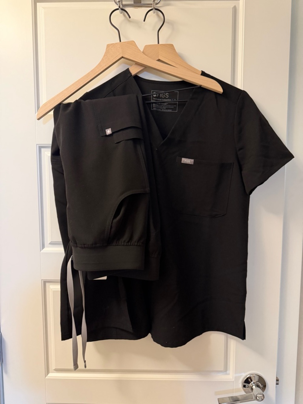 Figs Black V-Neck Scrub Top with Matching Black Drawstring Pants